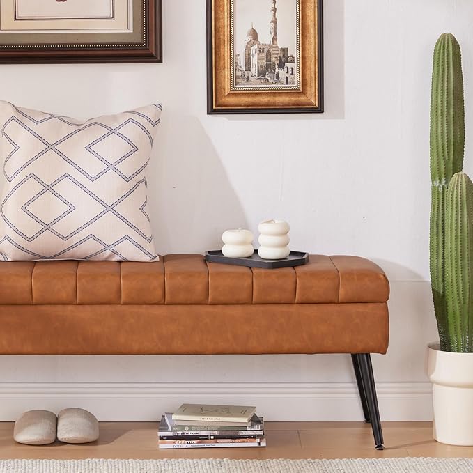 CUYOCA Storage Ottoman Bench, 43.5" Faux Leather Upholstered Entryway Bench, Long Ottoman with Storage for Living Room, Support 660lbs - Cognac Brown