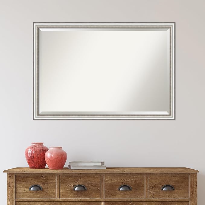 Amanti Art Silver Bathroom Mirror for Over Sink, 27x39 Salon Silver Narrow Rectangle Vanity Mirror, Large Traditional Frame, Hangs Horizonally and Vertically, Bathroom Wall Decor, Beveled Edge