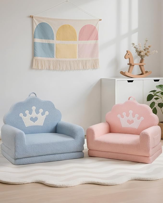 2-in-1 Kids Couch Fold Out, Soft Teddy Sherpa Toddler Couch with Crown Design, Convertible Kids Sofa to Lounger for Nap & Playtime, Cozy Children's Furniture for Boys & Girls, Blue