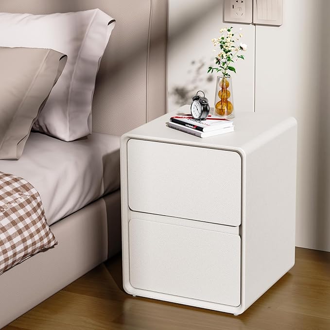 VICITON Modern Narrow Faux Leather Nightstand, Solid Wood Drawer, Storage Accent Table, Small Side End Table for Bedroom (Cream White, Large(15.7inch))