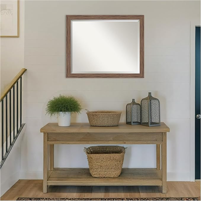 Amanti Art Brown Wall Mirror 25x31 Pia Medium Brown Narrow Rectangle Bathroom Mirror for Wall Decor Living Room, Large Casual Frame, Hangs Horizonally and Vertically, Bathroom Decor, Beveled Edge