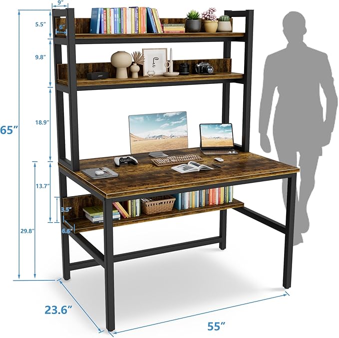 Aquzee Computer Desk with Hutch Bookshelves, 55 Inch Home Office Writing Desk with Space Saving Design, Gaming Table Organized Desk with Storage Shelves Bookshelf Easy Assemble, Rustic Brown