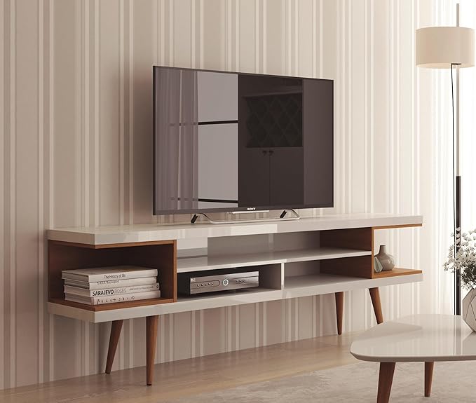 Manhattan Comfort Utopia Collection Mid Century Modern TV Stand With Open 3 Open Shelves and Two Open Cubbies, White/Wood (19752)