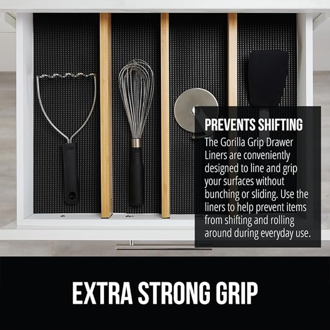 GORILLA GRIP powerGRIP Drawer Shelf and Cabinet Liner, Thick Strong Hold, Non-Adhesive Liners Protect Kitchen Cabinets and Cupboard, Bathroom Drawers, Easy Install, Breathable Mat, 17.5" x10', Black