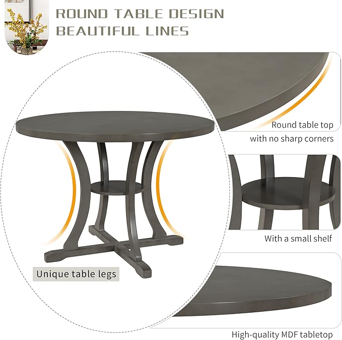Merax 5 Piece Round Dining Table Set 4 Retro Chairs with Special-Shaped Table Legs, Exquisitely Designed Hollow Chair Back for Dining Room, Gray