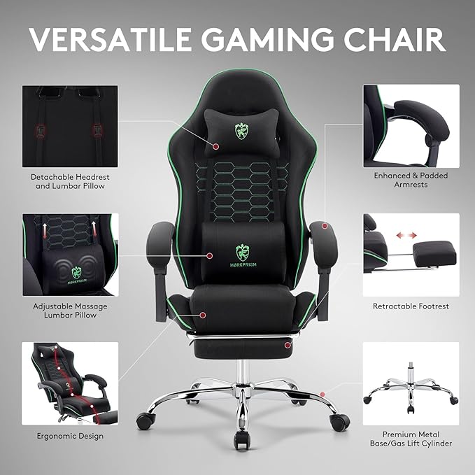 Gaming Chair Breathable Fabric,Computer Office Chair with Footrest,Massage Lumbar Support and Gel Pad,Ergonomic Reclining Adjustable Gamer Chair with Headrest and Spring Cushion Black Green