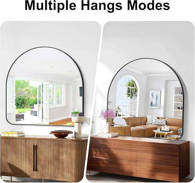 Arched Bathroom Mirror, 30"x30" Black Arched Mirror for Bathroom, Wall Mounted Mirror, Gold Vanity Wall Mirror Metal Frame for Bedroom, Entryway, Living Room, Vertically Hanging