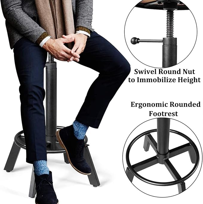 Set of 2 Industrial Bar Stools Short Stool Swivel Wooden Seat Kitchen Island Chairs Counter Height Adjustable 15.2-21inch