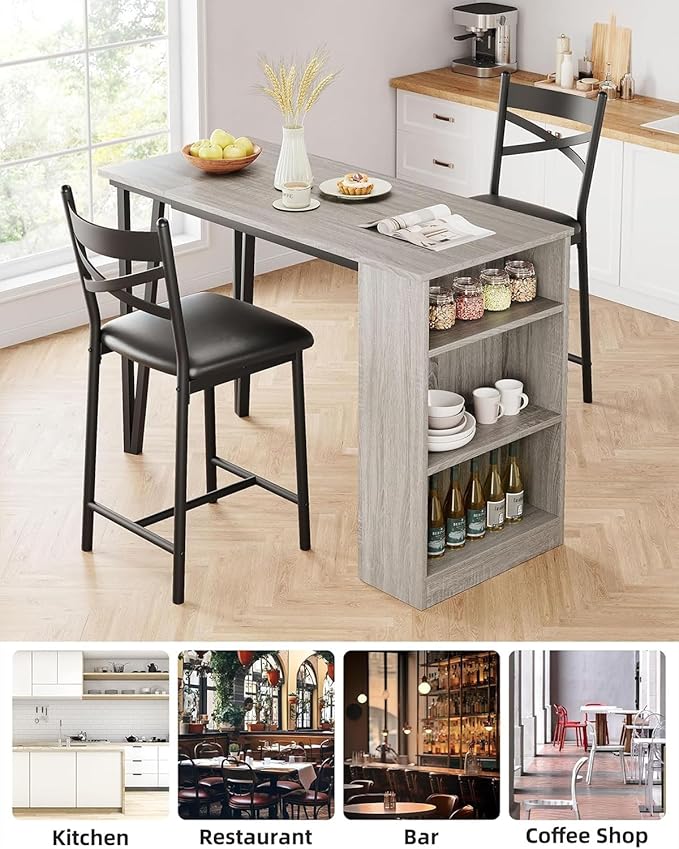 Garvee Bar Table and Chairs Set, 3 Piece Bar Table Set with with Flip Top Extension and Storage Shelves, Dining Table Set for 2, Suitable for Small Space Kitchen Apartment, Grey