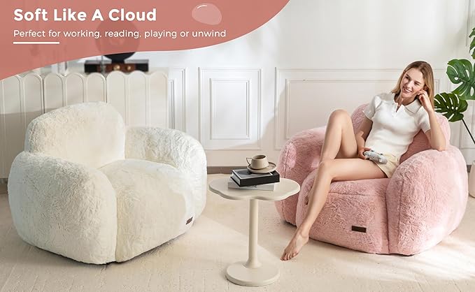 MAXYOYO Bean Bag Chair, Comfy Pebble Shaped Single Bean Bag Sofa for Adults, Stuffed Floor Sofa with Supportive Backrest & Armrests, Modern Faux Fur Accent Chair for Living Room & Bedroom, Beige