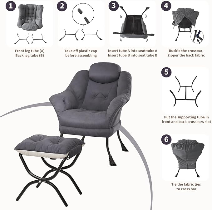 IDEALHOUSE Lazy Chair with Ottoman - Modern Living Room Chairs for Small Spaces, Ergonomic Reading Chair with Armrests, Comfy Chair with Ottoman for Bedroom & Living Room, Grey
