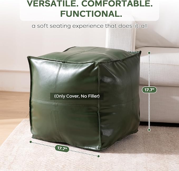 Unstuffed Pouf Cover (Only Cover, No Filler), 17.7" Faux Leather Poofy Ottoman Cover, Square Footstool For Storage Living Room Decoration Foot Rest, Footrest for Bedroom Balcony Office Chair, Green