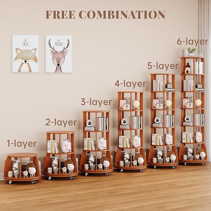 6 Tier Rotating Bookshelf with Locking Casters, 360° Spinning Vertical Bookcase, Revolving Floor Standing Organizer for Small Spaces, Corner, Living Room, Bedroom, Rustic Brown
