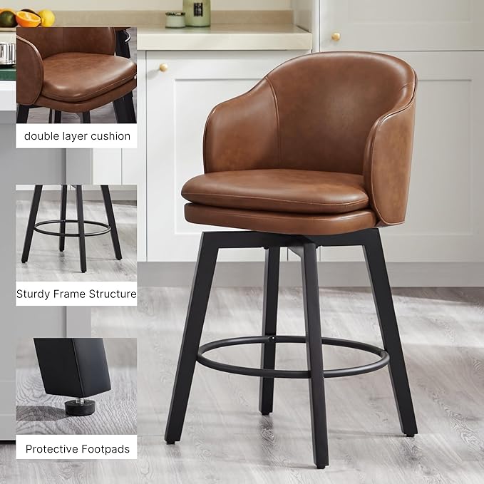 Counter Height Barstools 26 inch Upholstered Swivel Bar Stools with Back and Wood Legs for Kitchen Island,Set of 4,Brown PU Leather