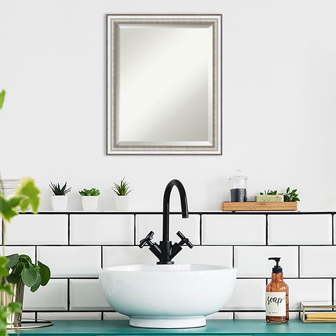 Amanti Art Silver Bathroom Mirror for Over Sink, 23x19 Salon Silver Narrow Rectangle Vanity Mirror, Small Traditional Frame, Hangs Horizonally and Vertically, Bathroom Wall Decor, Beveled Edge