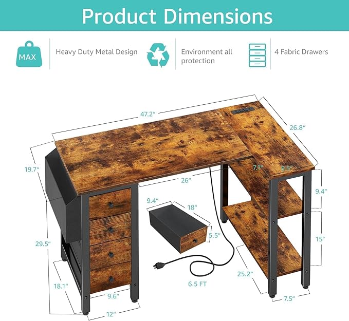 Lufeiya L Shaped Desk with Drawers & Storage Shelves, 47 Inch Small Reversible Corner Desk with Power Outlet for Home Office Bedroom, L-Shaped Gaming PC Computer Desks with Fabric Drawer, Rustic Brown
