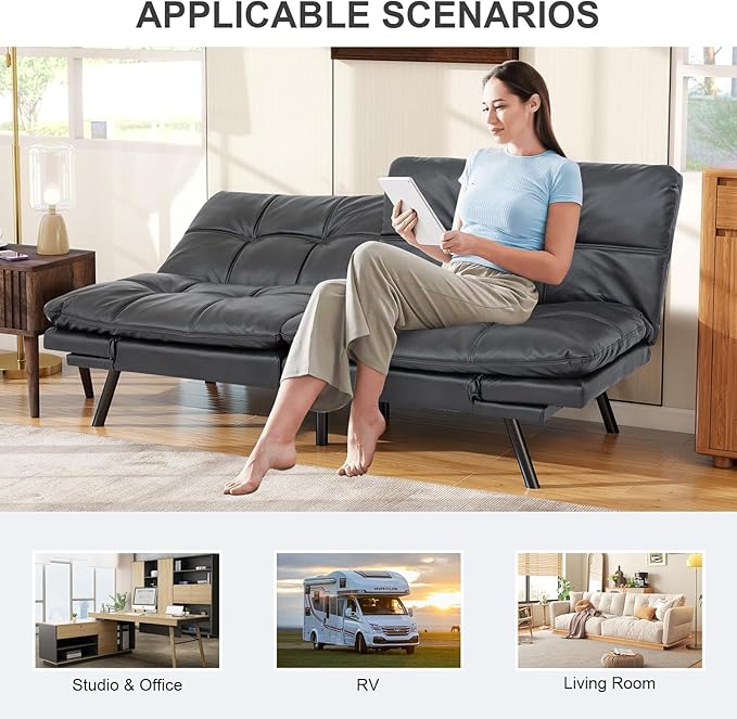 Vipbear Futon Sofa Bed Couch, 71" Convertible Sofa Bed, Space-Saving Loveseat with Adjustable Backrest & Armrest for Living Room,Apartment,Office,Matte Black Sleeper Sofa