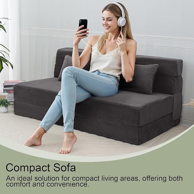 MeMoreCool Boneless Folding Sofa Bed Queen, Corduroy Convertible Sleeper Chair, Foldable Foam Mattress Chair, Comfy Fold‑Out Futon Couch Bed, Large Floor Sofa Couch for Living‑Room Guest