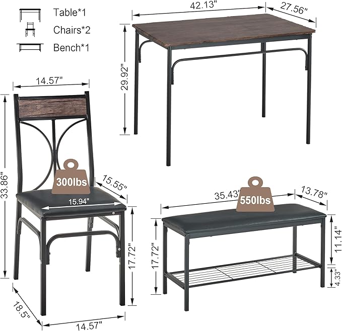 VECELO Kitchen Dining Table Set with Upholstered Bench & 2 Chairs | Space-Saving Compact Design | Perfect for Small Apartments, Breakfast Nooks