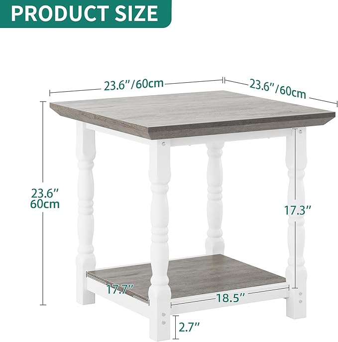 DWVO Farmhouse Square Coffee Table Set of 2, Antique Accent Side Table with Floor Shelf, 23.6"x 23.6" Living Room Furniture, Vintage Ivory & White