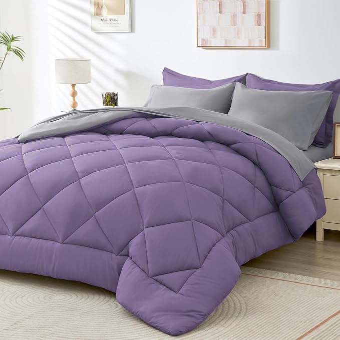 HEVUMYI Queen Comforter Set - 7-Piece All Season Bed in a Bag Queen, Ultra Soft Bedding Set with Comforter, Flat Sheet, Fitted Sheet, Pillowcases, Pillow Shams, Purple & Light Grey