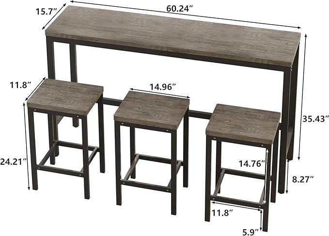 KEIKI 60.24” Long Bar High Top Dining Table and 3 Stools Chairs Set, Wood Behind Couch Sofa Counter Height Pub Furniture for Breakfast, Kitchen Living Party Room, Brown Grey