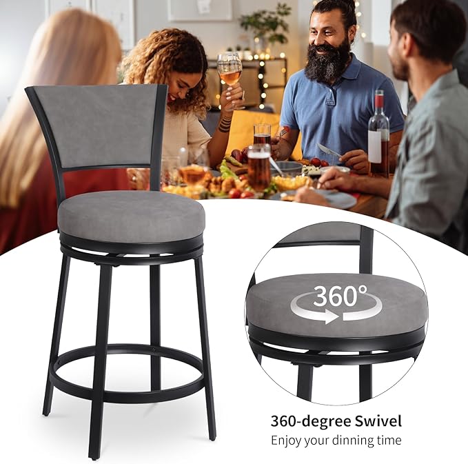 Bar Stools, Modern Counter Height Barstools Set of 2, 25" Faux Leather Round Swivel Bar Stools with Backrest, Upholstered Metal Bar Chairs for Kitchen Island, Kitchen Counter, Pub, Grey