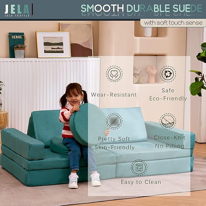 jela Kids Play Couch Extended Size 10PCS with futons, Floor Sofa Modular Play Couch Furniture for Kids and Adults, Modular Play Sofa Castle (Light Blue)
