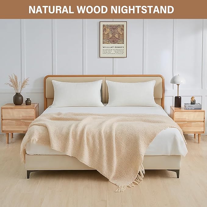CozyDH Natural Wood Nightstand with Drawers, Solid Wood Nightstand End Table, 19" Bedside Table for Bedroom, Sofa Side Table with Wooden Legs Living Room