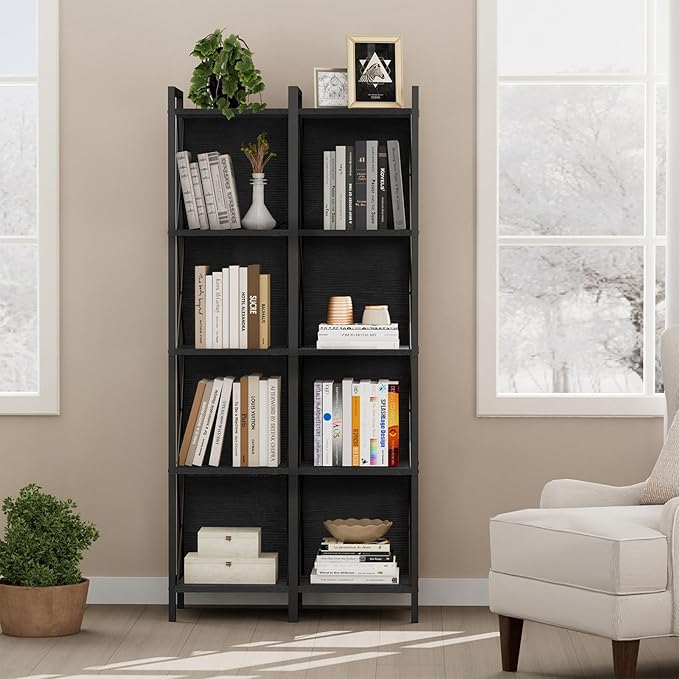 Homhedy 5 Tier Bookshelf Bookcase, Tall Narrow Bookshelf for Small Space, Metal Storage Shelves with Back Panel, for Home Office, Living Room, Kitchen, Bedroom, Industrial Style, Black