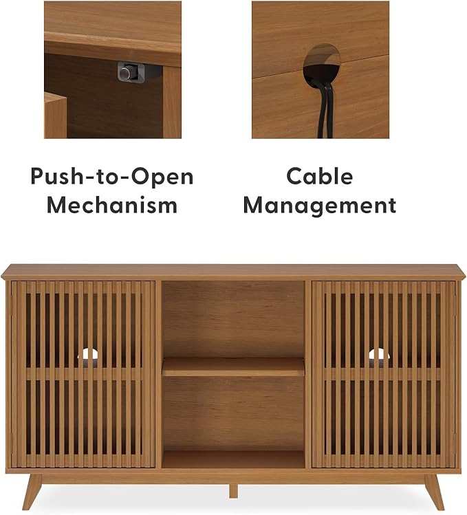 Plank+Beam Mid-Century Modern Wood TV Stand, Solid Wood Entertainment Console with Storage, 59" L x 16" W x 30" H, Pecan