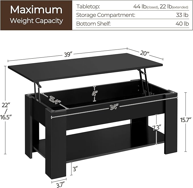 Yaheetech Wooden Coffee Table, Lift Top Coffee Table with Large Hidden Storage Shelf, Lift Tabletop Dining Tables for Living Room, Home Small Space, 38.6in, Black