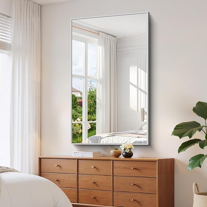 YIROMAN Bathroom Mirror 60"x36", Large Brushed Silver Bathroom Mirror for Over Sink with Aluminum Frame, Rectangular Vanity Mirror with Right Angle, Wall Mirror Hangs Horizontal or Vertical