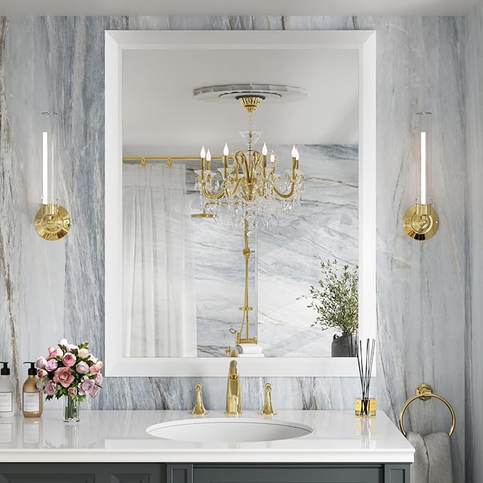 Amorho Bathroom Mirror, 28x36 Inch White Thick Metal Framed Wall Mirrors for Over Sink, Bedroom, Living Room, Entryway, Rectangle Wall-Mounted Mirrors(Horizontal/Vertical).
