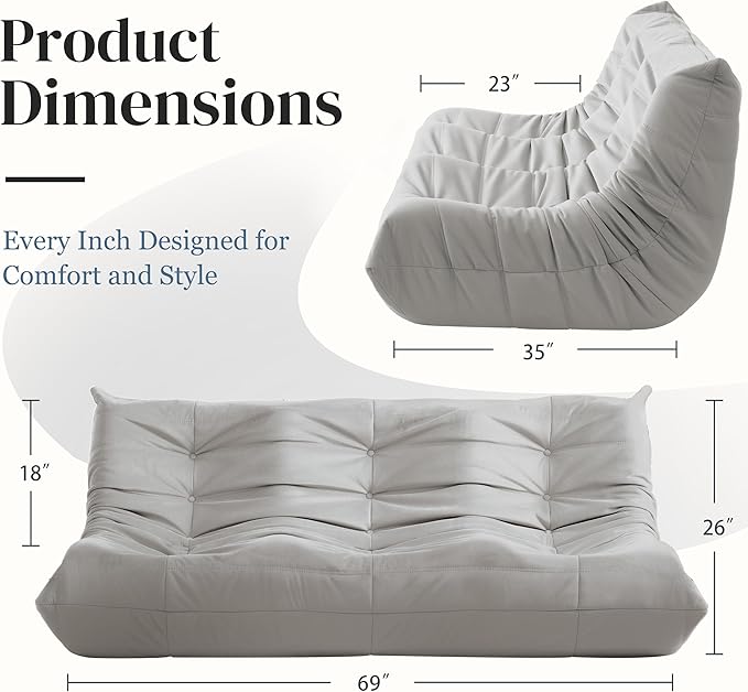 Bean Bag Chair, Large Fireside Chair Bean Bag Sofa for Adults, 3 Seater Bean Bag Chairs for Teens with High-Resilience Foam, Memory Foam Bean Bag for Living Room, Bedroom, Office (Suede, Light Gray)