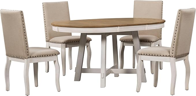 Merax 5-Piece Farmhouse Dining Furniture Set, Wooden Round Extendable Table, and 4 Upholstered Chairs, Antique White