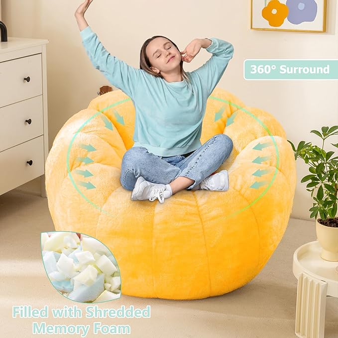 Pumpkin Bean Bag Sofa Chair for Adult, Beanbag Couch with Filler for Reading and Relaxation, Comfy and Lazy Sofa for Dorm, Apartment, Living Room and Bedroom, Orange