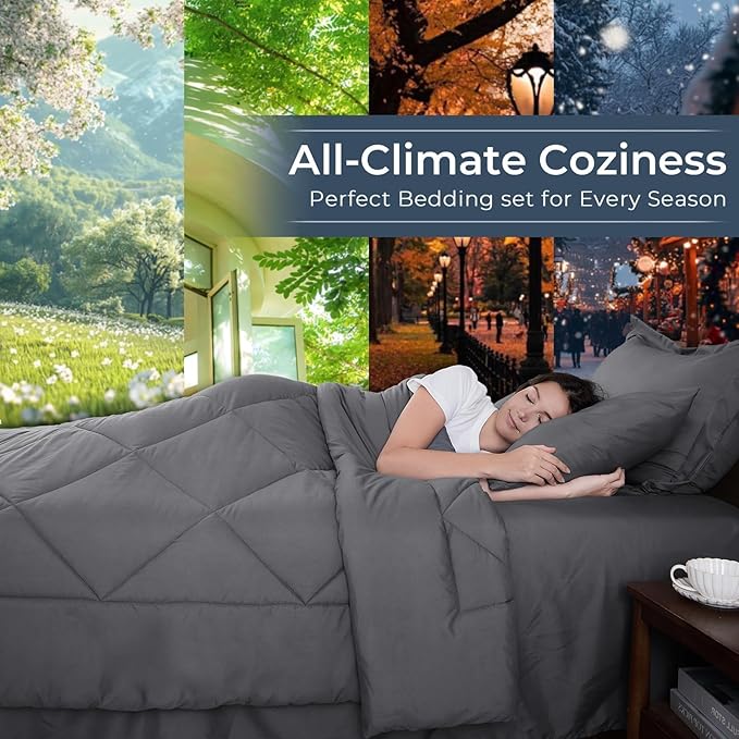 HEVUMYI Twin-XL Comforter Set - 5-Piece All Season Bed in a Bag Twin-XL, Ultra Soft Bedding Set with Comforter, Flat Sheet, Fitted Sheet, Pillowcases, Pillow Shams, Dark Grey
