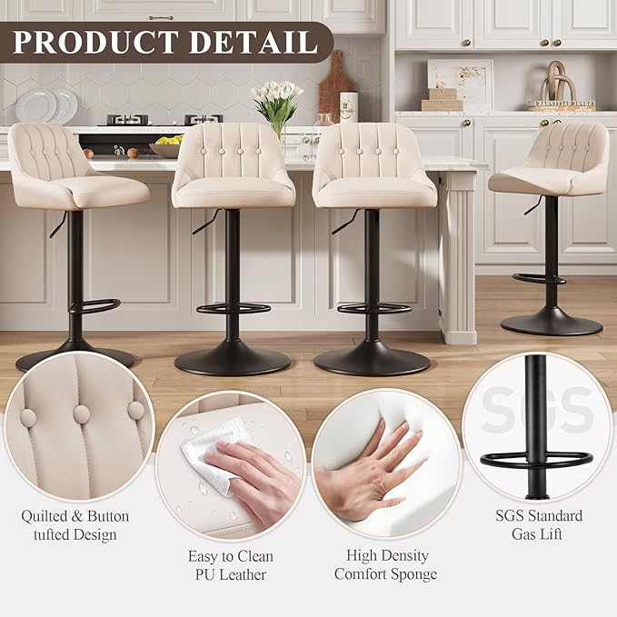 Bar Stools Set of 2, Swivel Bar Chairs, Modern Adjustable PU Leather Upholstered Barstools Counter Height with Tufted Back for Bar, Kitchen Counter Island, Dining Room, Beige