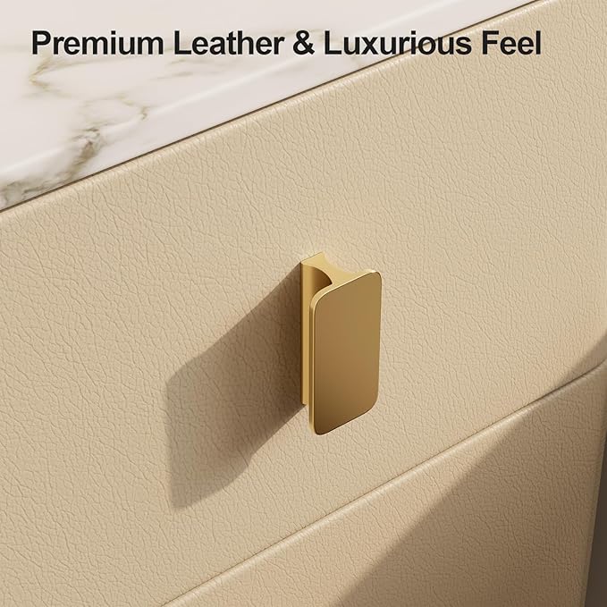 Narrow Nightstand with Drawers, Narrow Side Table Leather, Small Bedside Tables for Bedroom. (Beige)