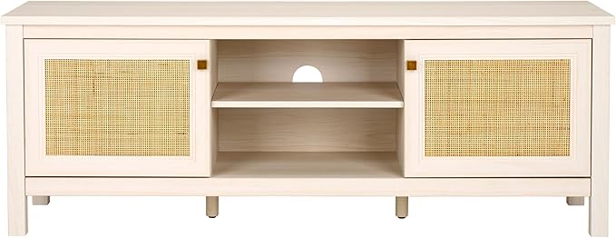 SAFAVIEH Evane TV Stand for up to 65" Flatscreen – Bleached White & Natural, 2 Doors with Interior Storage, 2 Open Shelves, Entertainment Media Console (MED9629C)