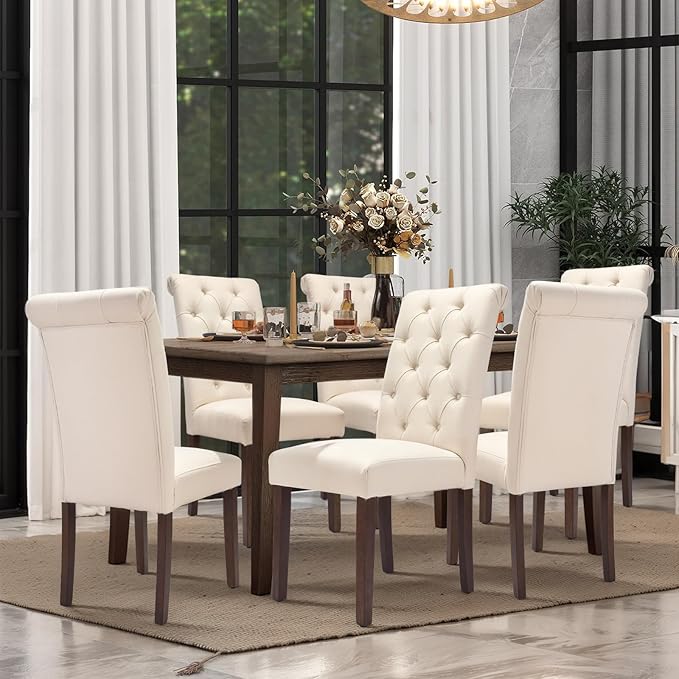 COLAMY Tufted Dining Chairs Set of 4, Accent Parsons Diner Chair Upholstered Fabric Stylish Kitchen Chairs with Solid Wood Legs and Padded Seat, Beige