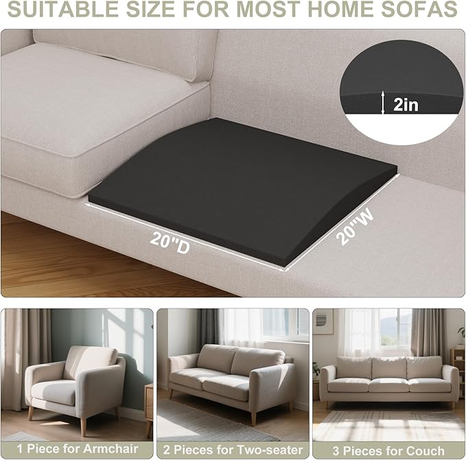 Couch Cushion Support for Sagging Seat, High-Density Curved Foam Sofa Furniture seat Couch Cushions Support Repair, 20"x20" Black Set of 2