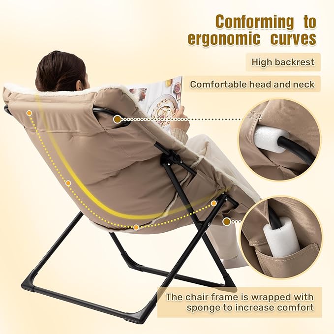 HollyHOME X-Large Saucer Chair, Comfy Oversized Folding Chair, Faux-Fur Reading Chair for Teens, Adults, Foldable Accent Lazy Chair, Metal Frame Lounge Chair for Living Room, Bedroom, Dorm, Beige