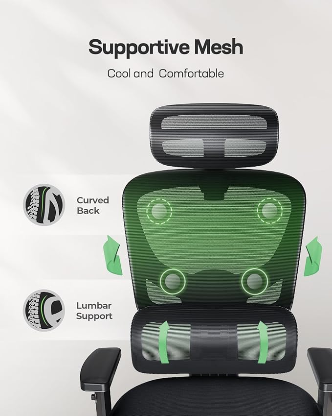 Marsail Ergonomic Office Chair Desk Chair,Gaming Chair with Height Adjustable Lumbar Support,Breathable Mesh Seat Adjustable Swivel Rolling Home Executive, Adjustable Armrest& 2D Headrest,Black