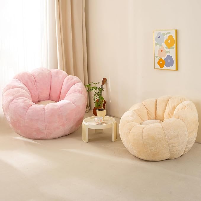 Pumpkin Bean Bag Sofa Chair for Adult, Beanbag Couch with Filler for Reading and Relaxation, Comfy and Lazy Sofa for Dorm, Apartment, Living Room and Bedroom, Pink