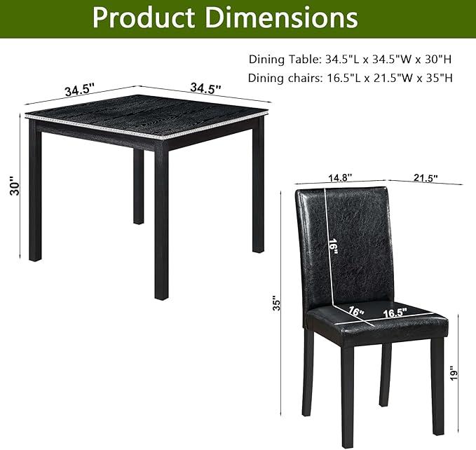 KEIKI 5-Piece Standard Height Dining Table Set with Square Table and 4 Upholstered Chair, for 4 Person, Classic Crystal Decoration Wood Table Set, Easy Assembly, for Kitchen, Dining Room, Black