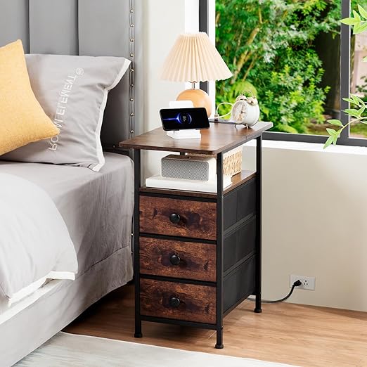 AMHANCIBLE End Tables Living Room with Charging Station, Narrow Side Table with USB Ports and Outlets, Slim Nightstand with 3 Fabric Drawers for Bedroom, Small Space, Rustic Brown, HETN013BR-1