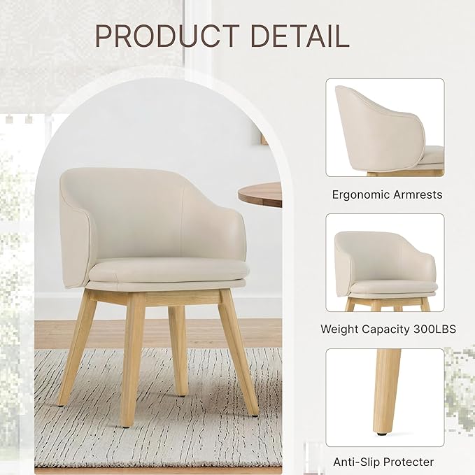 Wooden Dining Chairs Set of 2, Faux Leather Upholstered Modern Dining Room Chairs with Barrel Backrest & Double-Layer Thick Cushion for Living Room, Restaurant, Kitchen and Café, Beige