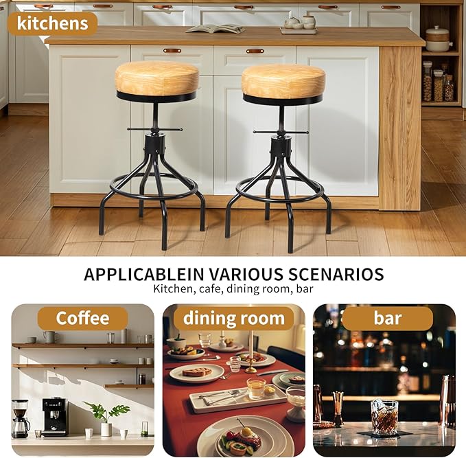 Swivel Bar Stools Adjustable Swivel Barstools Modern PU Leather 28inch Round Backless Counter Height Stool Metal Industrial Bar Chair for Kitchen Island (1, Ash Wood PU Leather)